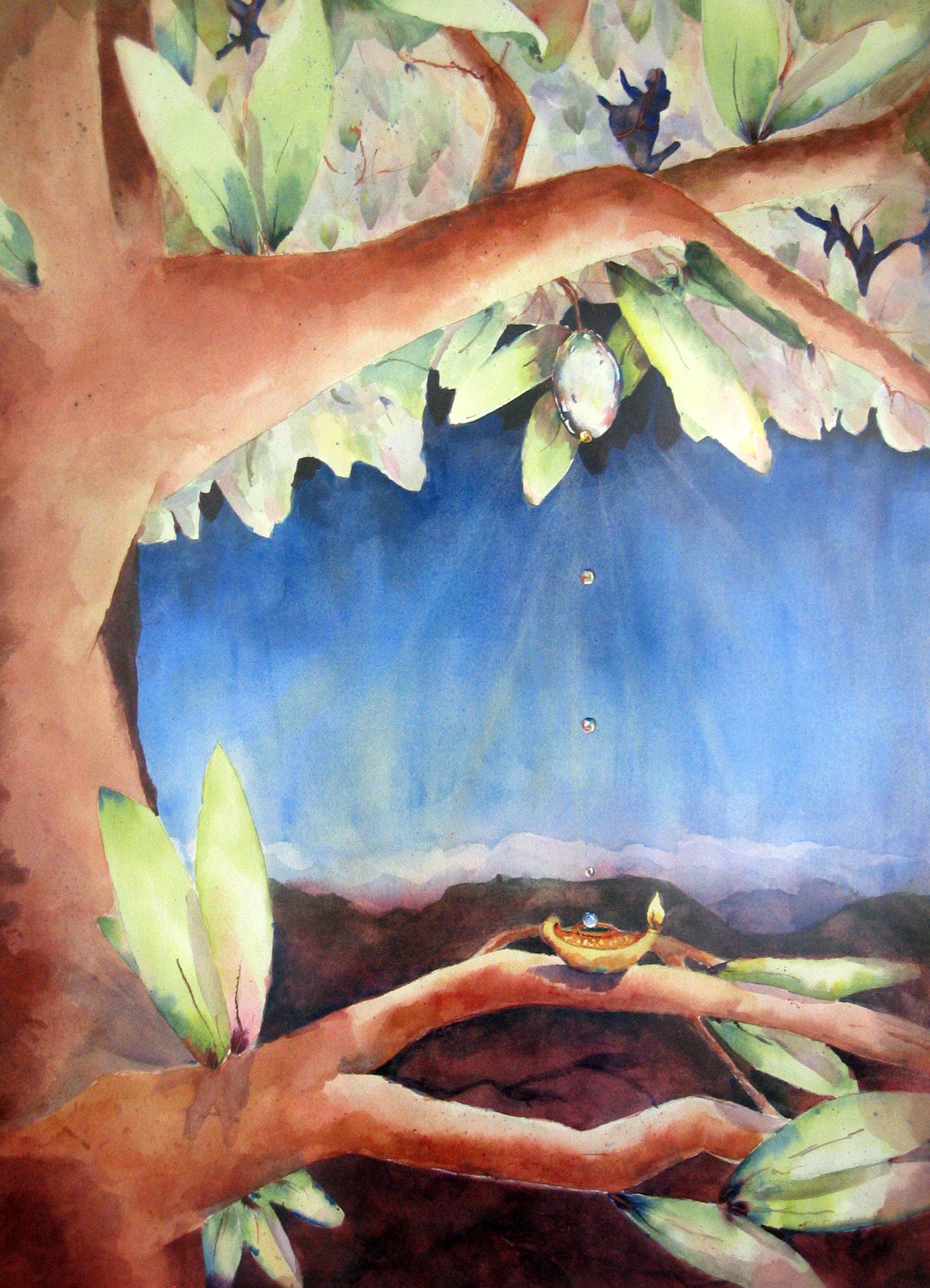 “Be Partakers” – a watercolor painting about oil in our lamps, the light of Christ, the tree of life, and more