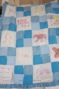 Old quilt from 1976 with drawings from grandchildren, by a Mormon woman Old quilt from 1976 with drawings from grandchildren, by a Mormon woman