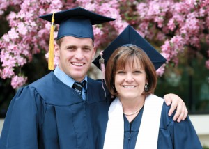 Mormon woman and son graduating college Mormon women value education